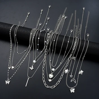 13Pcs/Set Simple Temperament Necklace Set Butterfly Pearl Heart Star Zircon Silver Color Necklace for Women Fashion Jewelry Gift 1