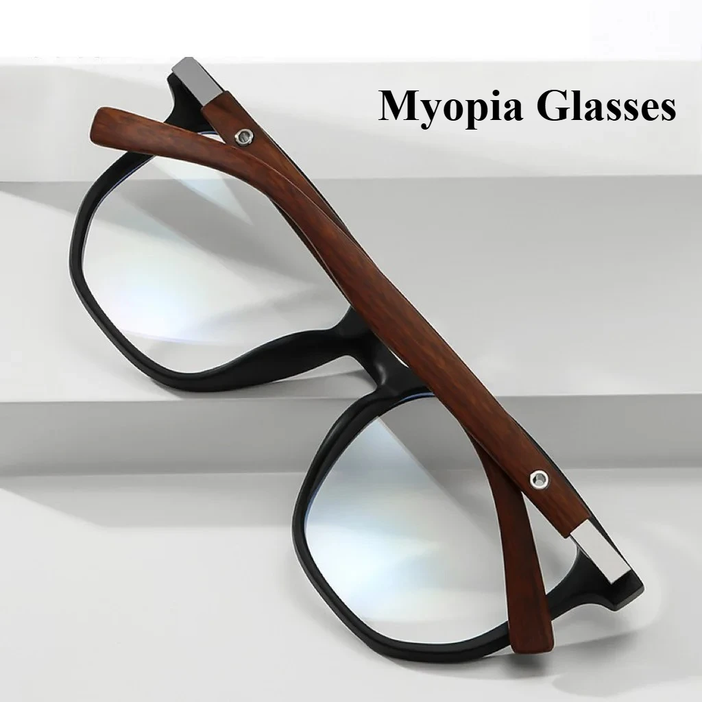 Neutrale Myopie-Brille mit Holzmaserung und Metallrahmen für Herren und Damen, 0-1,0-1,5-2,5-3,5 Myopie-Brille