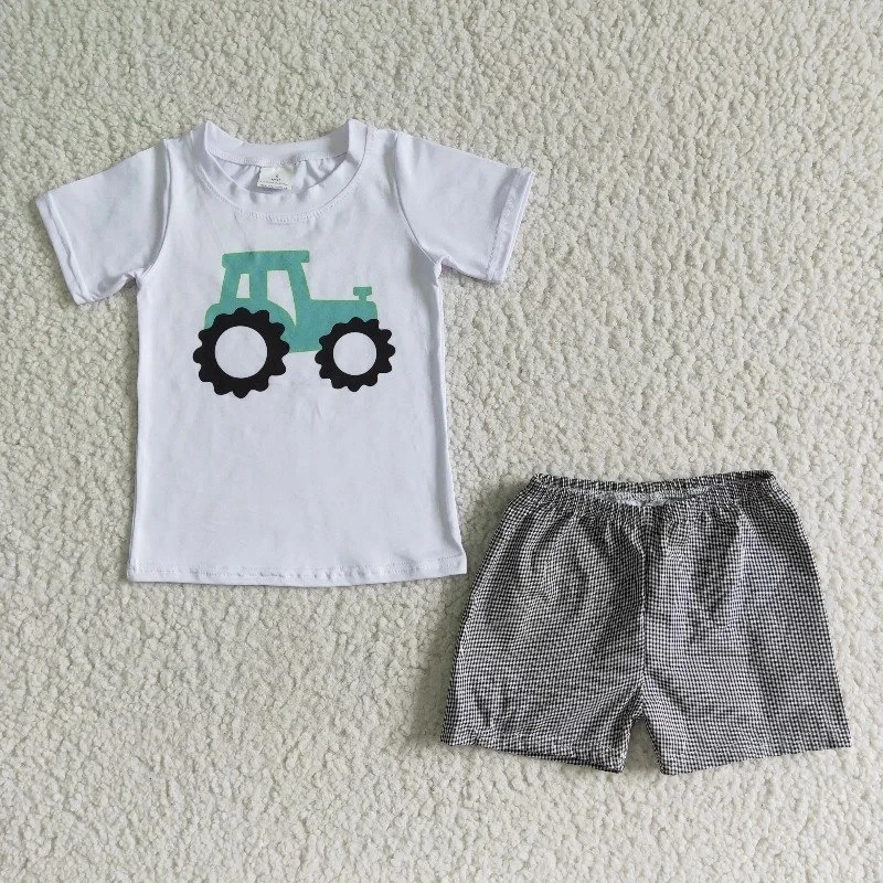Commercio All'Ingrosso Baby Boy Summer Fish Car Clothes Toddler White Embroidery Shirt Top Bambini Seersucker Shorts Bambini Infant Outfit Set
