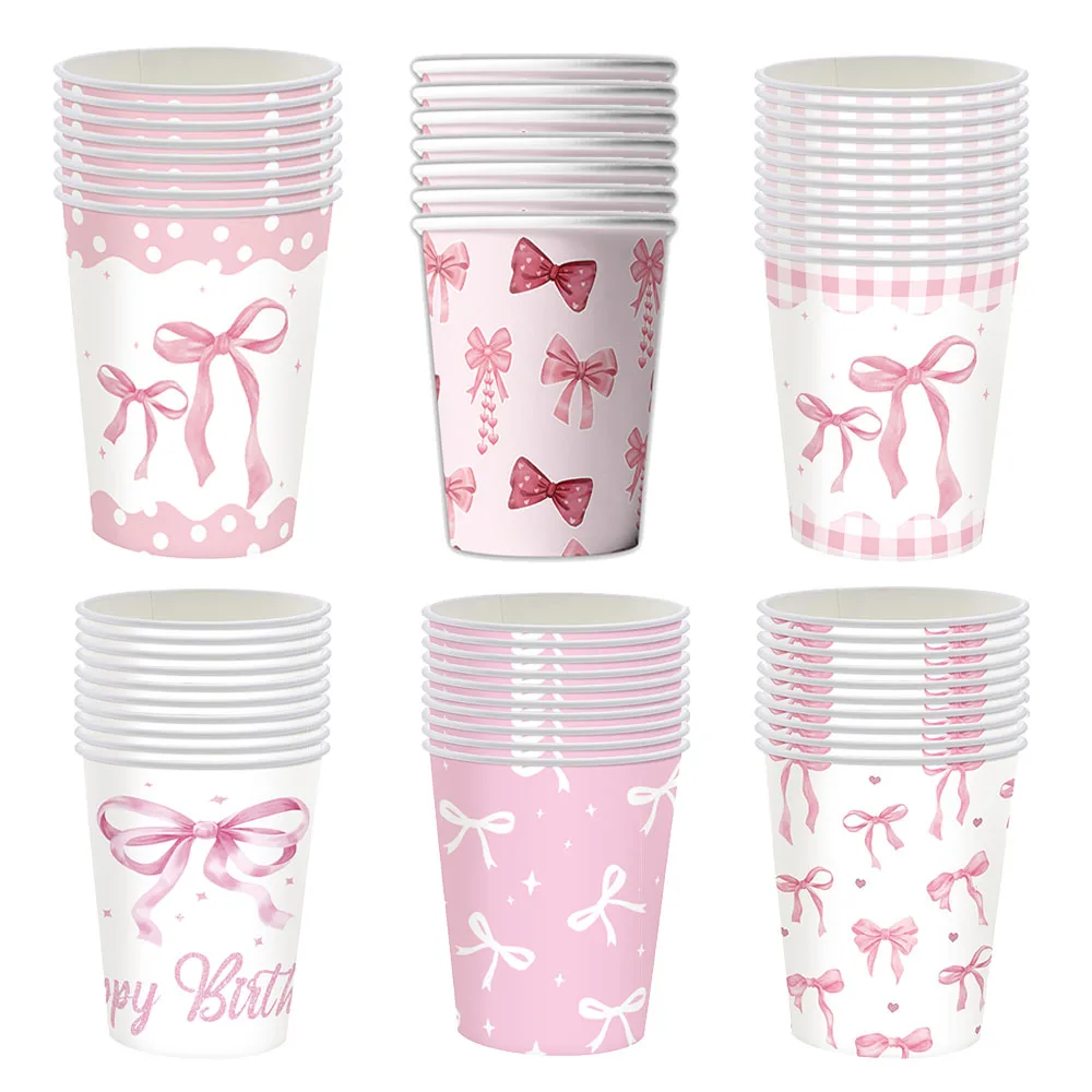 Elegant Pink and White Bow Disposable Paper Cups - Party and Celebration Decor Set (10/20/30/50 Pieces)