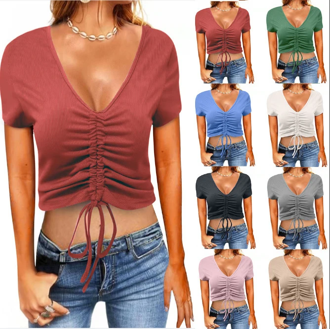 

2022 Spring And Summer New Women'S T-Shirt Fashion Casual Drawstring Slim T-Shirt V-Neck Top Women