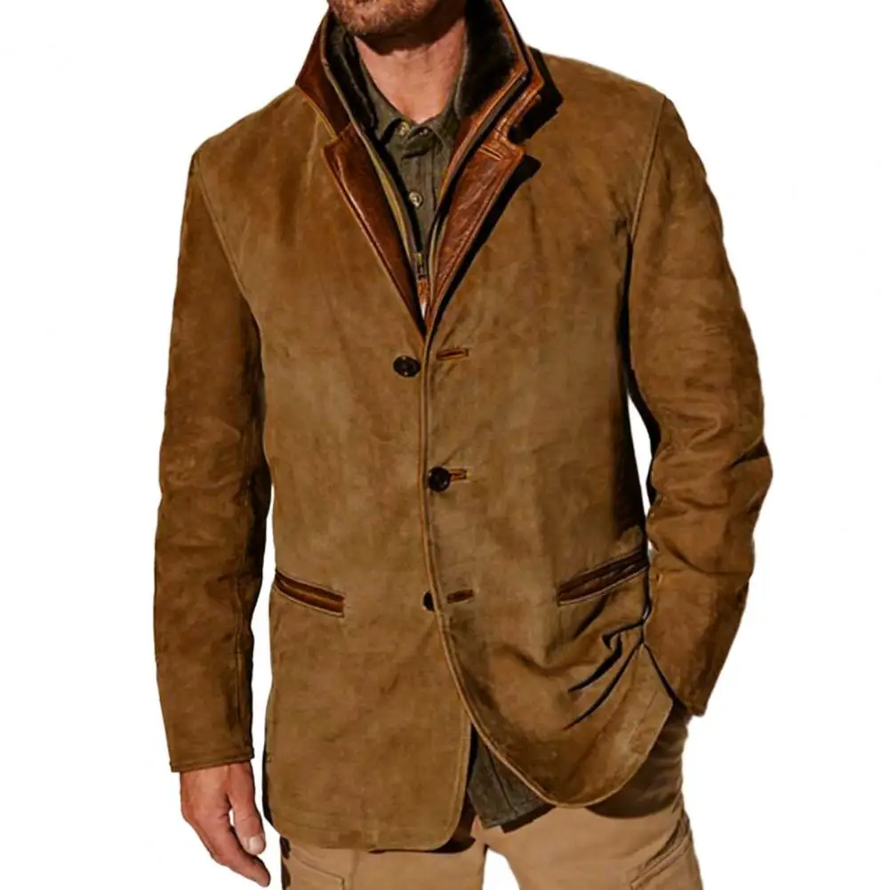 Men Jacket Men's Retro Patchwork Cardigan Coat with Fake Two-piece Design Plush Lapel Stylish Winter Jacket for Plus Size Men