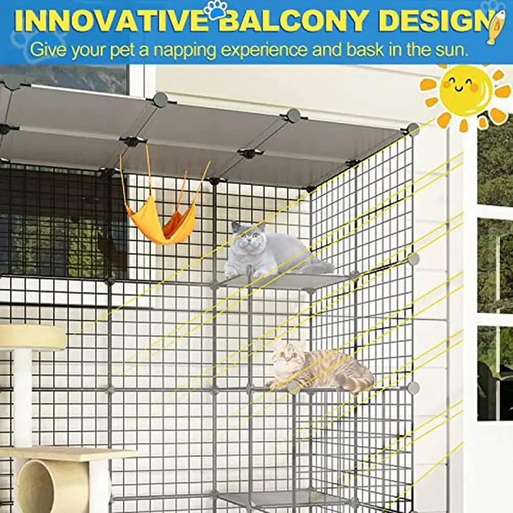 Outdoor Cat House Cages Enclosure with Super Large Enter Door Balcony Playpen Platforms DIY Kennels Robust Metal Frame Structure