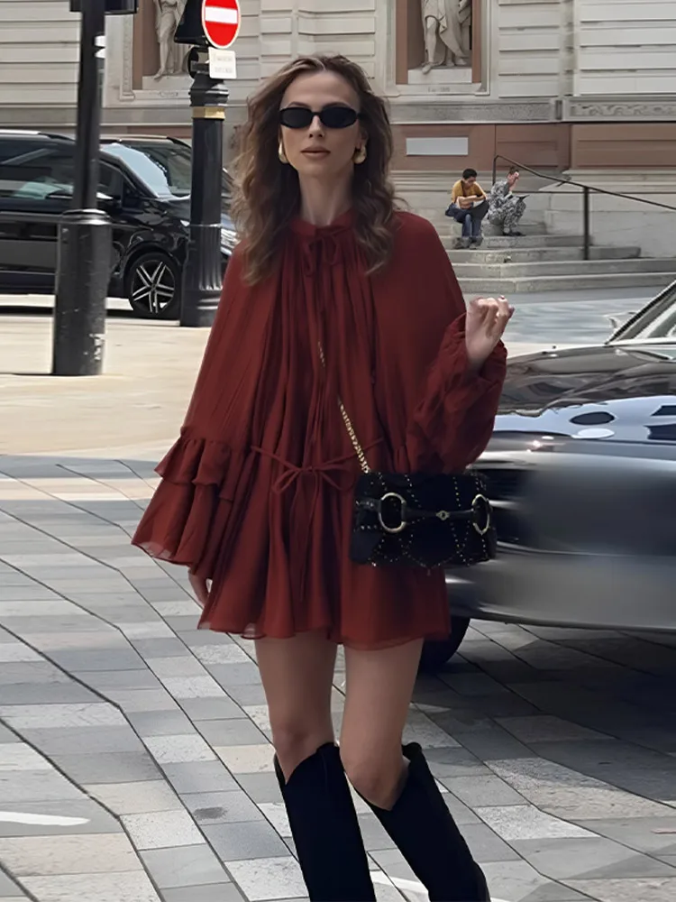 Casual Flounce Mini Dress Women Loose O Neck Long Sleeves Robe Female 2025 Spring Solid Lace Up Hollow Out Chiffon Dresses Lady 2