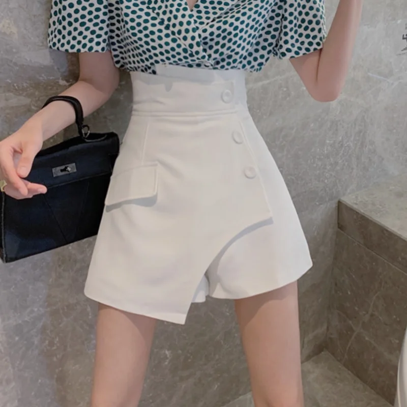 불규칙한 넓은 다리 바지 큰 사이즈 높은 허리 캐주얼 바지, 바닥이 있는 디자인 감각 여름 뚱뚱한 여자 학생 단어 짧은 치마 반바지