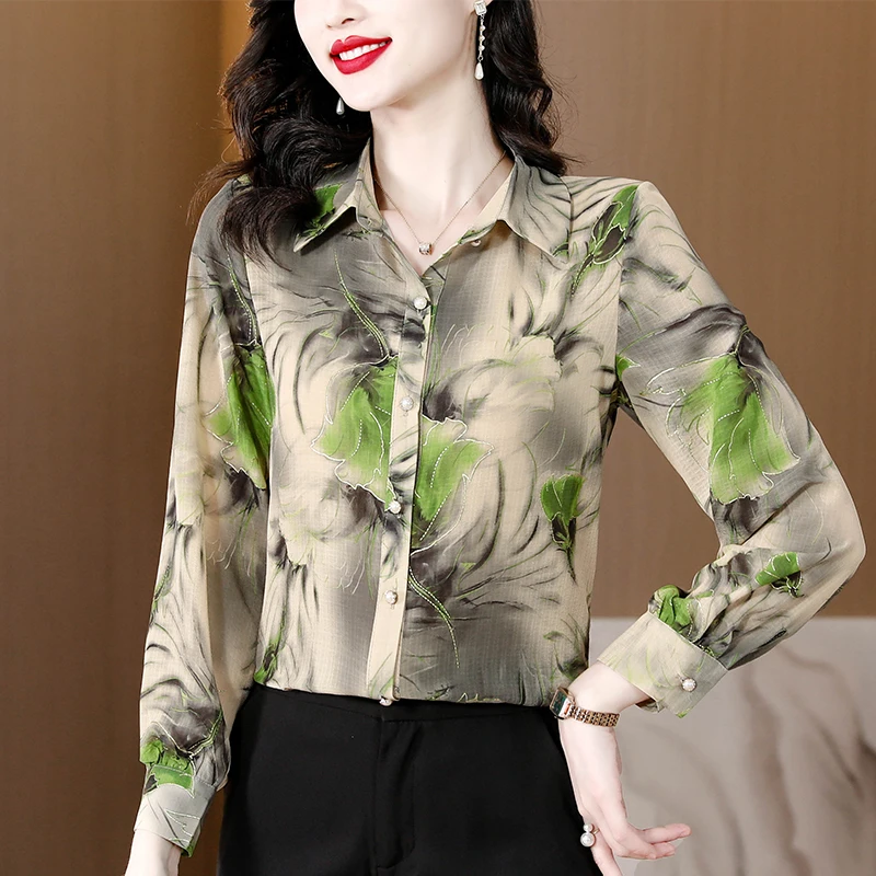 Women's Spring Autumn Turn-down Collar Floral Geometric Button Cardigan Shirt Casual Elegant Vintage Long Sleeve Chiffon Tops