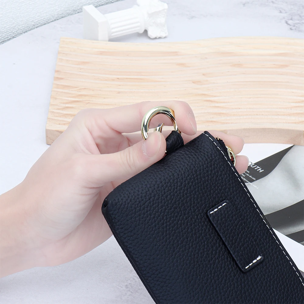 Brand Design Coin Purse Pouch for Women Genuine Leather Mini Cash Wallet with Keychain Ring Holder Ladies Zipper Small Wallet