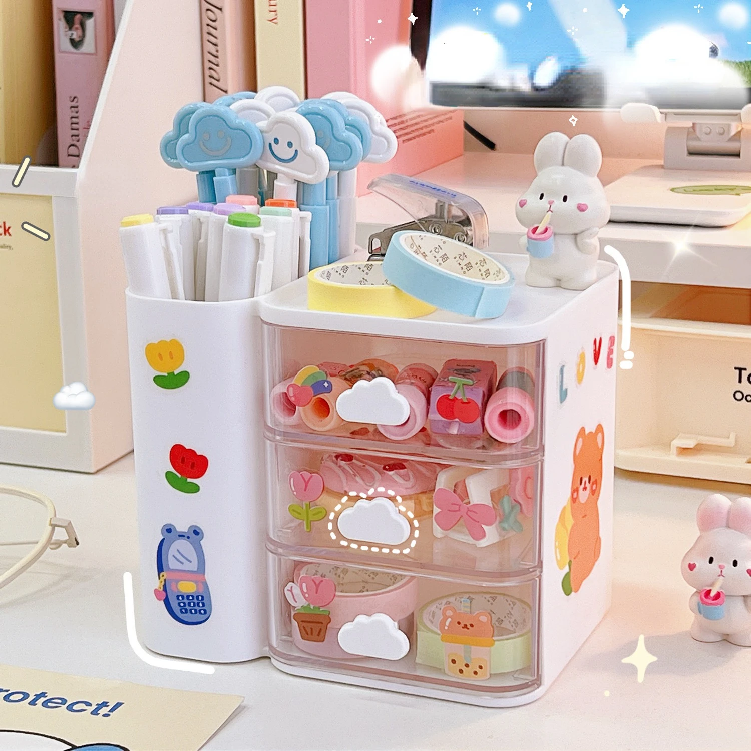 Kawaii Desktop Storage Boxes Multi Grid Stationery Organizer