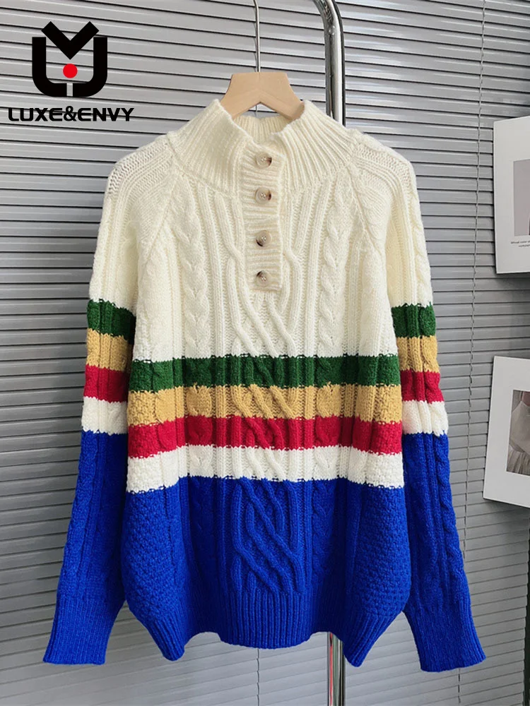 

LUXE&ENVY Color Contrast Stitching Pullover Knitwear New Versatile Loose Fried Dough Twists Sweater Long Sleeve Top 2023 Autumn