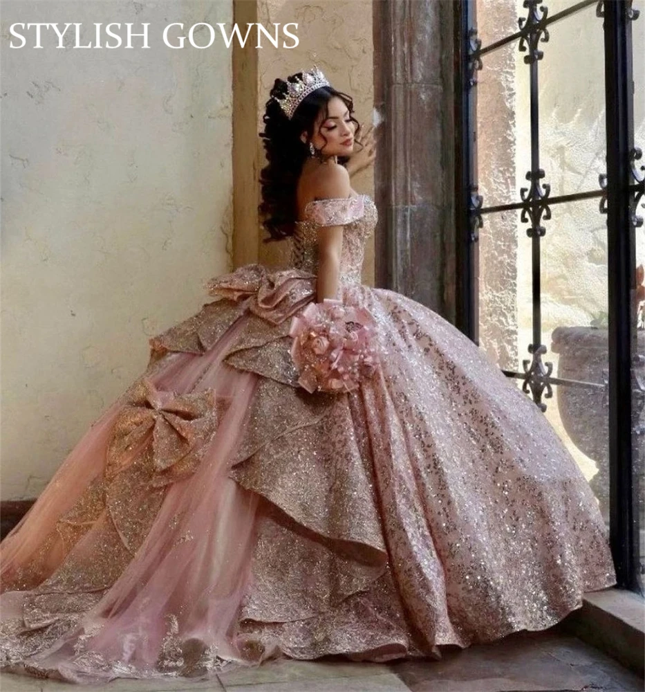 Rose gold or pink beaded bodice cap sleeves sparkle ball gown wedding dress  with short train & glitter tulle - various styles