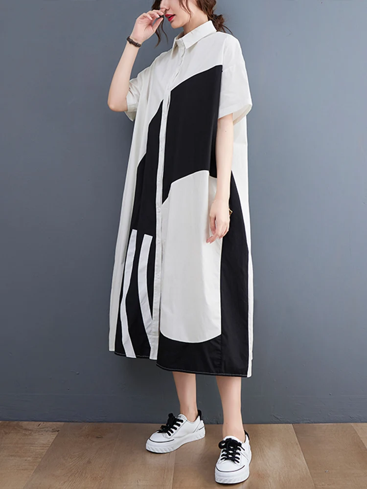 Cotton Black Vintage Print Women Shirt Dress New Loose Casual Lapel Short Sleeve Long Summer Dress Fashion Elegant Clothes 2025