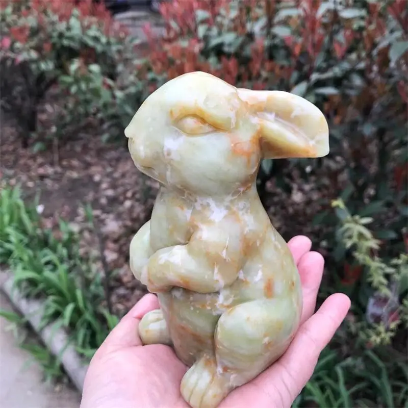 

13CM Natural Cauliflower Jade Carved Crystal Rabbit Figurine Healing Crystals Hare Statue Guardian Gift Feng Shui Home Decor 1pc