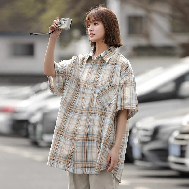 

Одежда для пар, повседневная японская рубашка в клетку, винтажная уличная одежда, стильные топы в клетку с отложным воротником и пуговицами и длинными рукавами