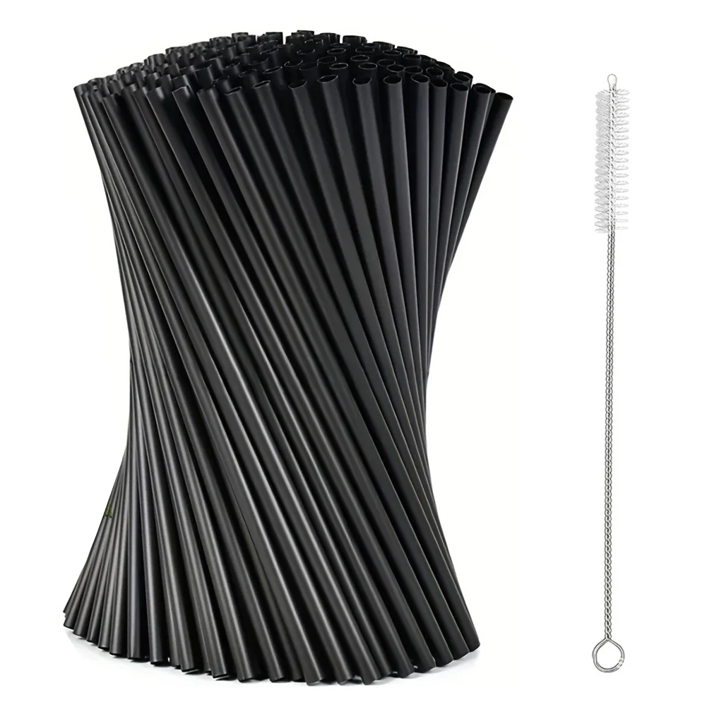 100Pcs Black Thin Straw W/ Straw Brush Beverage Drink Tube Flexible Plastic Straw Milkshake Straws Wedding Party Supplies Straw
