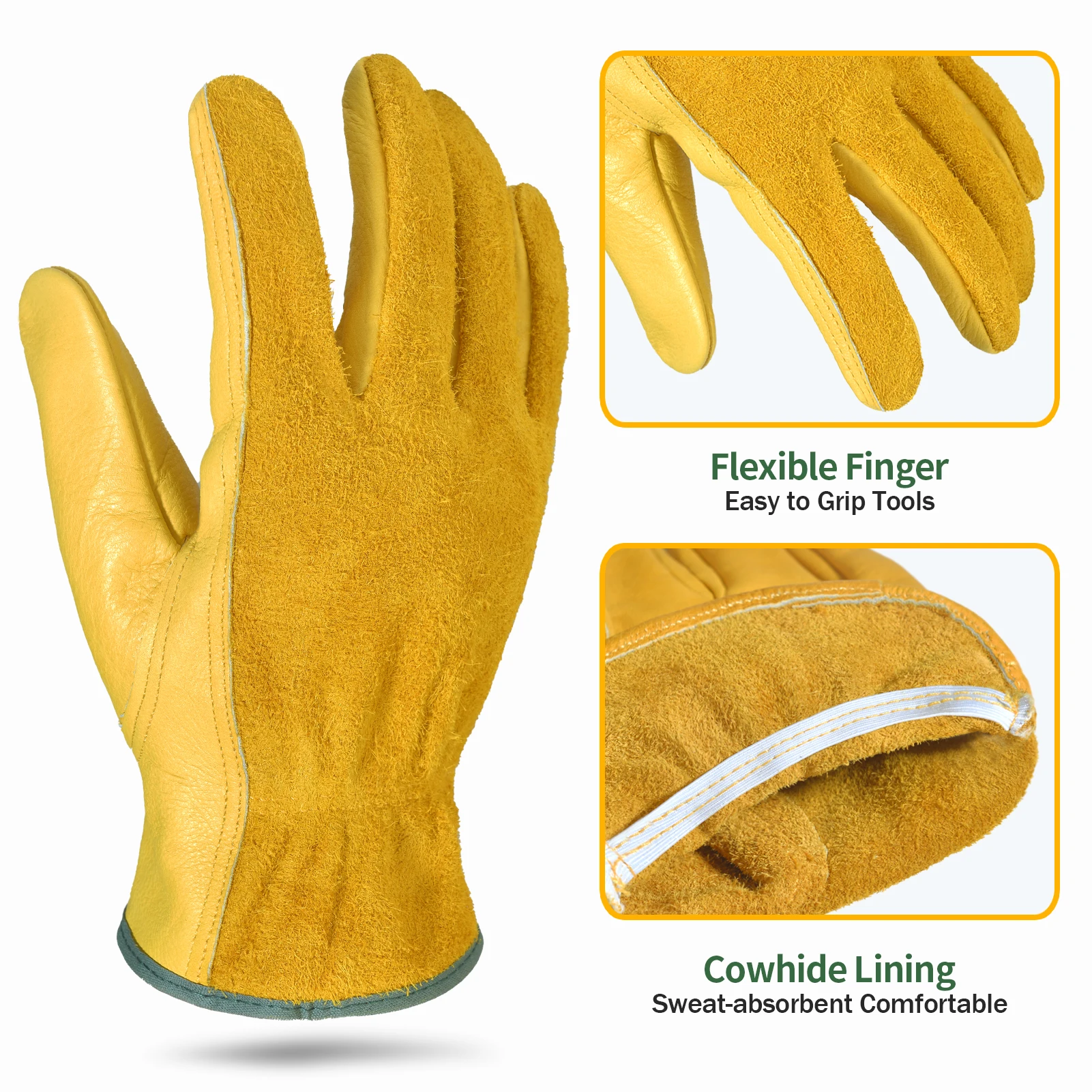 1Pairs Unlined Cowhide Split Leather Work and Driver Gloves, for Heavy Duty, Truck Driving, Warehouse, Gardening, Farm