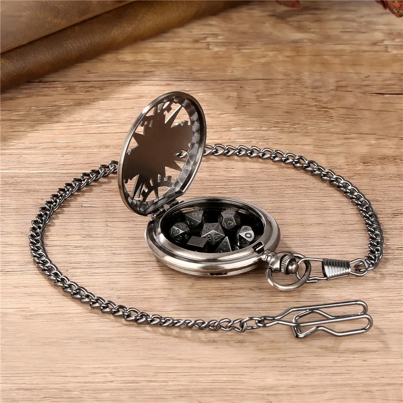 Steampunk 7pcs/set Metal Polyhedral Dices Hollow Out Gear Cover Pocket Watch Case FOB Chain Role Playing Board Games Accessories