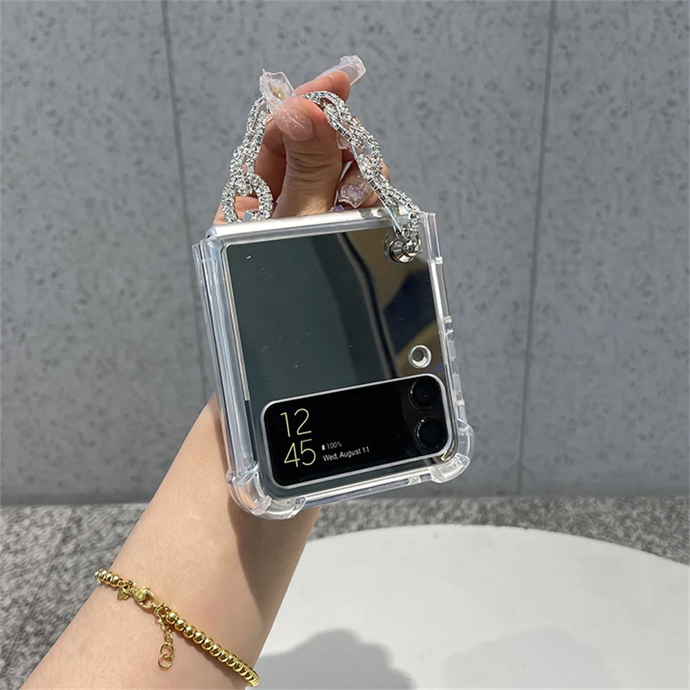 Stylish Makeup Mirror Rhinestone Bracelet Protective Soft Phone Case For Samsung Galaxy Z Flip 3 Shockproof Back Cover Funda phone case