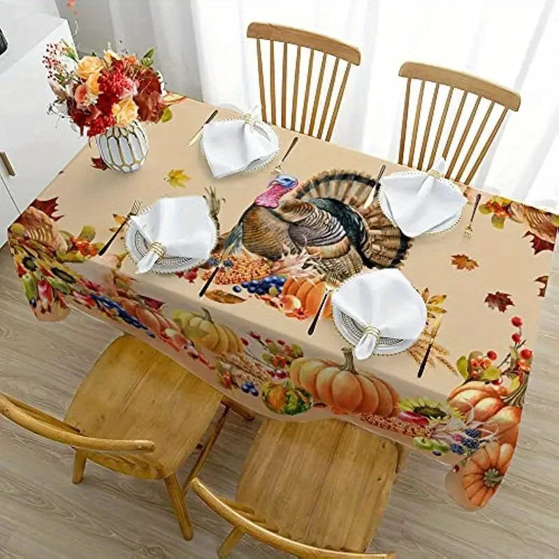 Thanksgiving Turkey Rectangle Tablecloths Autumn Pumpkin Flowers Maple Leaf Table Cover Kitchen Holiday Party Dining Table Decor 3