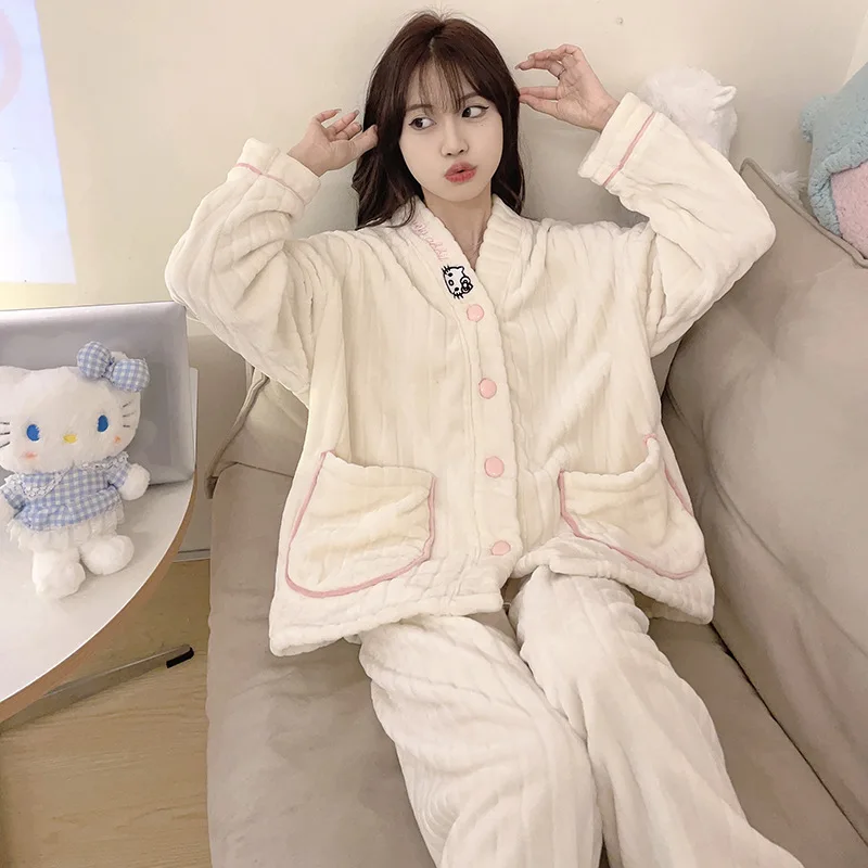 

Hellokitty Kuromi Pochacco Pajamas Kawaii Sanrio Facecloth Thickened Coral Velvet Suit Winter Loungewear Warm Christmas Gifts