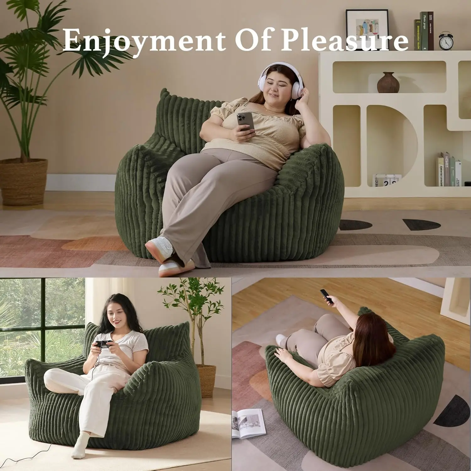 Giant Plush Bean Bag Chair for Adults, Teen, Kids with Armrests - Oversized Comfy Green Beanbag Lounge Floor Sofa Accent Chair