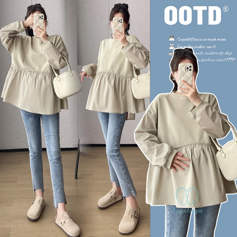 

Patchwork Loose Maternity Blouses 2024 Spring Korean Fashion Tunic Shirts Clothes for Pregnant Women Casual Pregnancy Tops