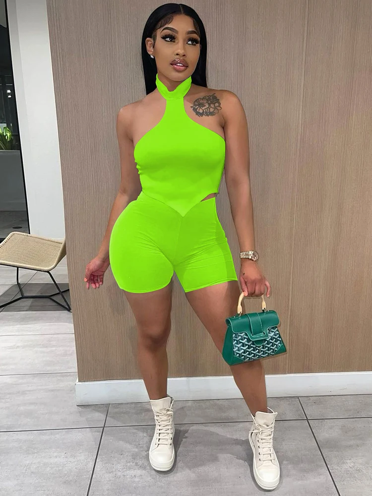 Solid Fitness Two Piece Sets Summer Clothes Women's Tracksuit Sexy Off Shoulder Backless Irregular Tops and Biker Shorts Sets