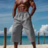 Summer Men's Casual Shorts Cotton Blended Long Elastic Waist Loose Pocket Drawstring 3/4 Length Shorts Daily Street Wear 2