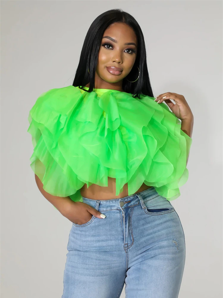 Blusas de gasa sin mangas para Tops cortos de manga de pétalo con en cascada, ropa de fiesta de para discoteca| | AliExpress