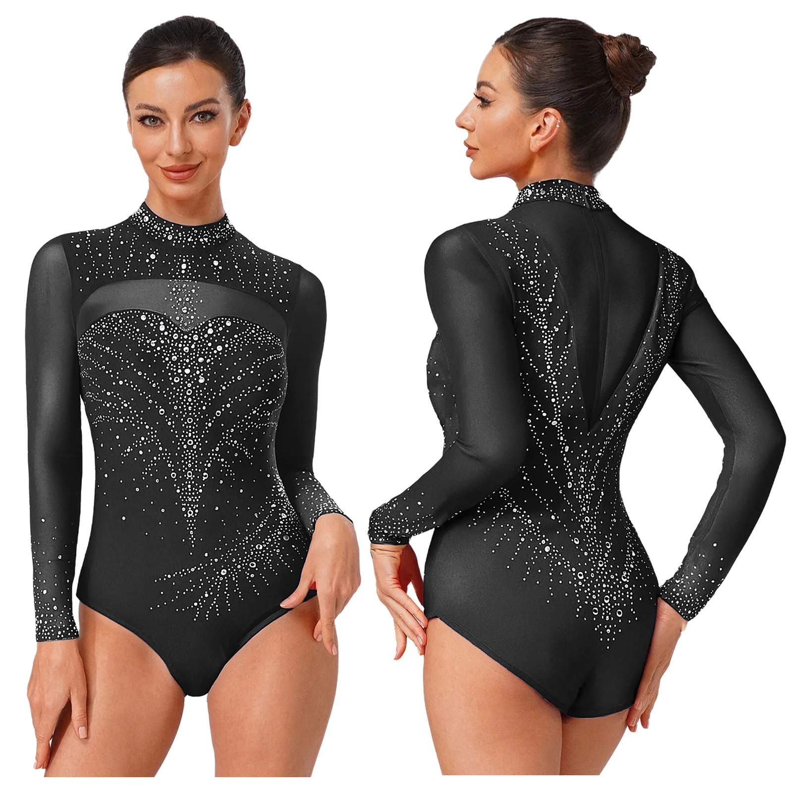Rhythmische Gymnastik-Trikot für Damen, künstlerisches Eiskunstlauf-Ballett-Tanzkostüm, Strass-Übungs-Trikot, Overall, Body – Detail 5