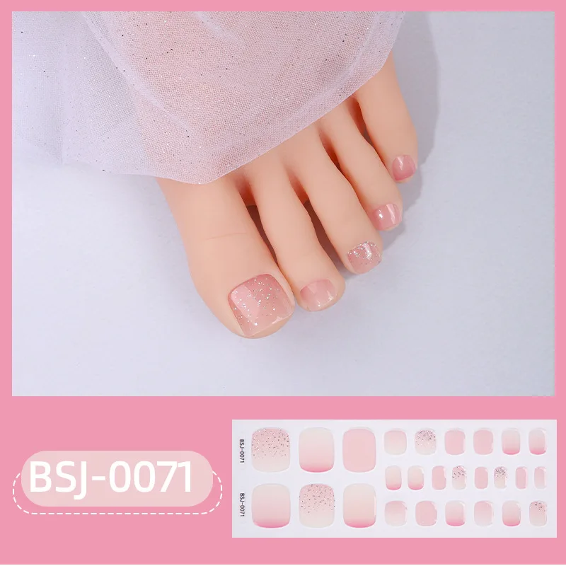 Flash Powder French White Edge Gel Nail Sticker Nude Color Toe Nails Wearable Short Flat Shape Foot Toe Stickers 5