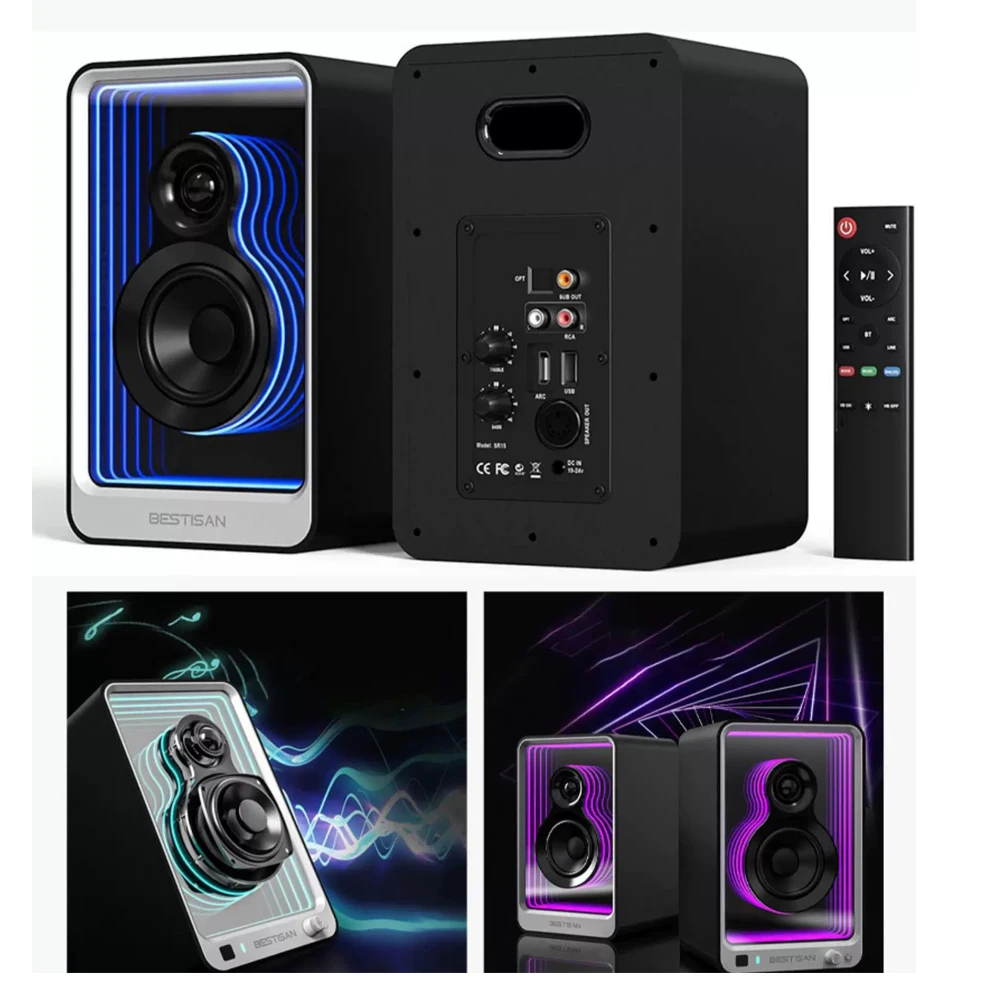 BESTISAN SR15 Active Monitor Bluetooth Speakers 100W Light Effects With Charger LDAC Codecs RCA Aux USB Inputs Bookshef Speakers