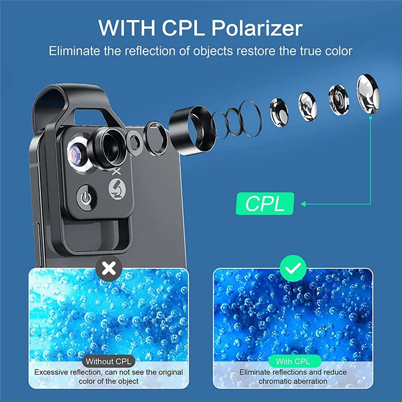 200X Cell Phone Microscope Accessory with CPL Lens Portable Mini Digital Microscope with LED Light/Universal Clip cell phone microscope
