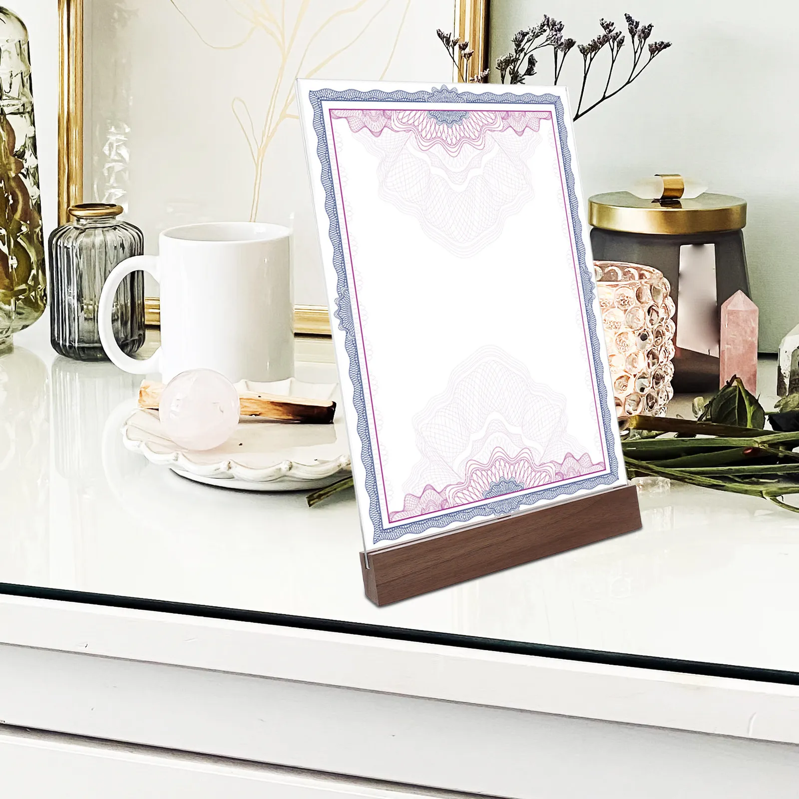 졸업장/증명서 디스플레이 스탠드, 투명 아크릴 탁상용, 견고한 호두나무 받침대 포함, 레스토랑 메뉴, 호텔용