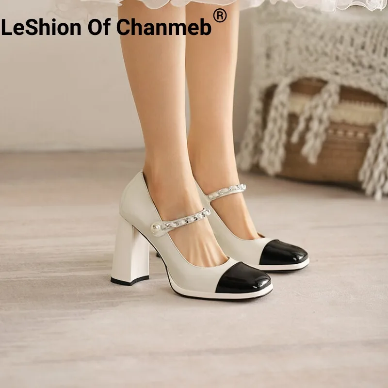 

LeShion Of Chanmeb Patent Cow Leather Women Brand Chain Mary Jane Pumps Elegant Pearl Mix-color Thick Super High-heeled Shoes 40