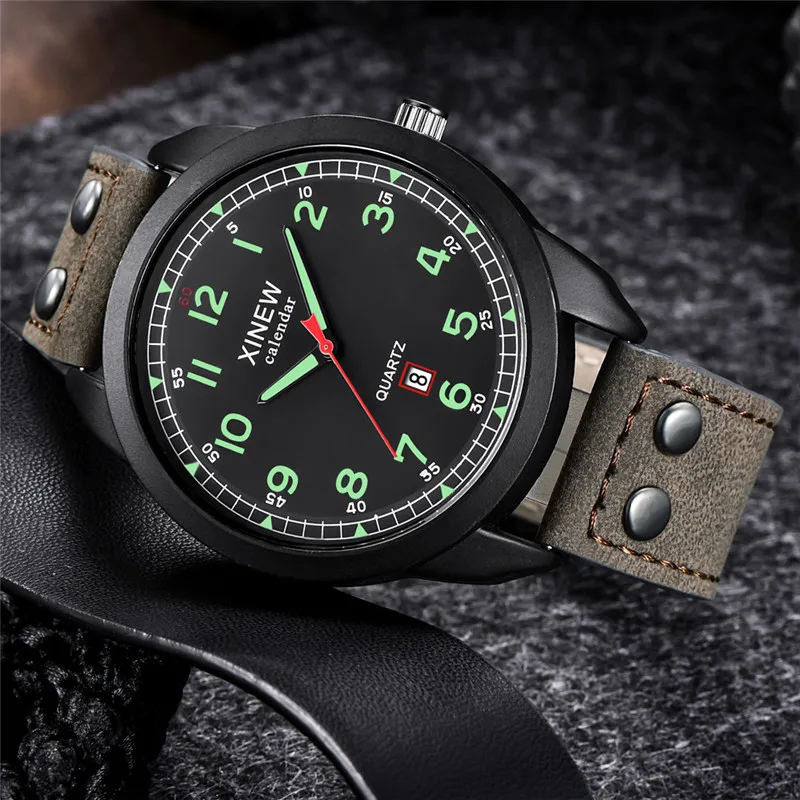 Wholesale 5pcs / lot XINEW Brand Men Watches Black Boys Fashion Casual Leather Band Military Date Quartz Watch Reloj Hombre