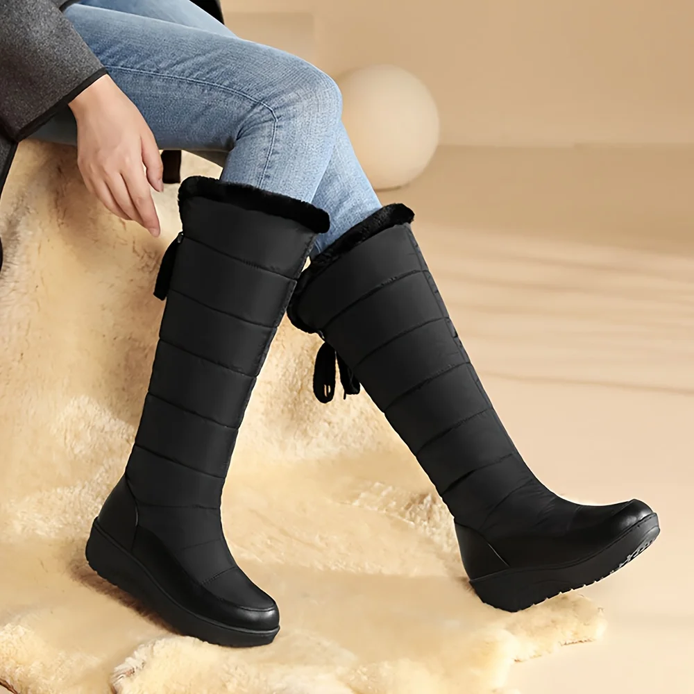 Women's Fuzzy Fur Winter Snow Boots Wedges Heel Pull On Waterproof 2