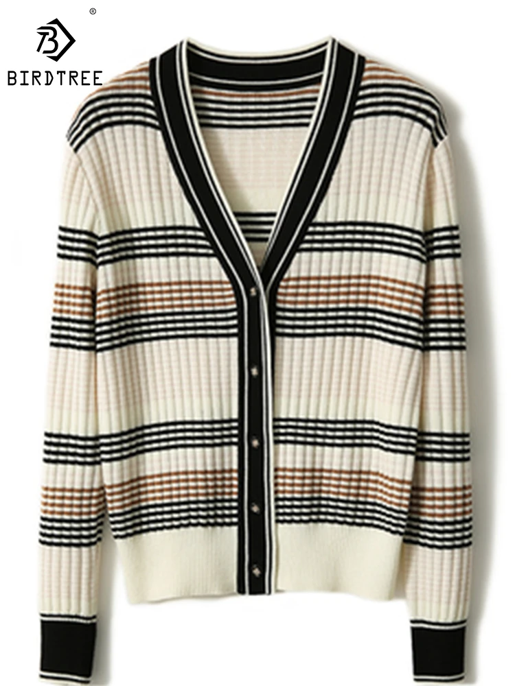 

Birdtree 100% Sheep Wool Cardigan Sweater V-neck Long Sleeves Vintage Stripe Fashion Comfort Classic Versatile Knit T30525QD