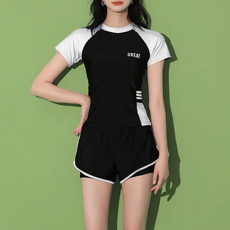 2023 New Summer Fashion Contrast Color Round Neck Casual Beach Hot Spring Swimming Sports Two Piece Conservative Swimwear