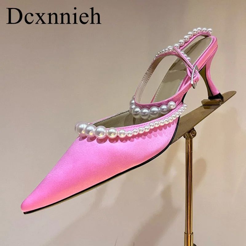 

New Pointed sweet sandals women with pearl decoration ankle strap high heels versatile summer fashion party dress shoes women