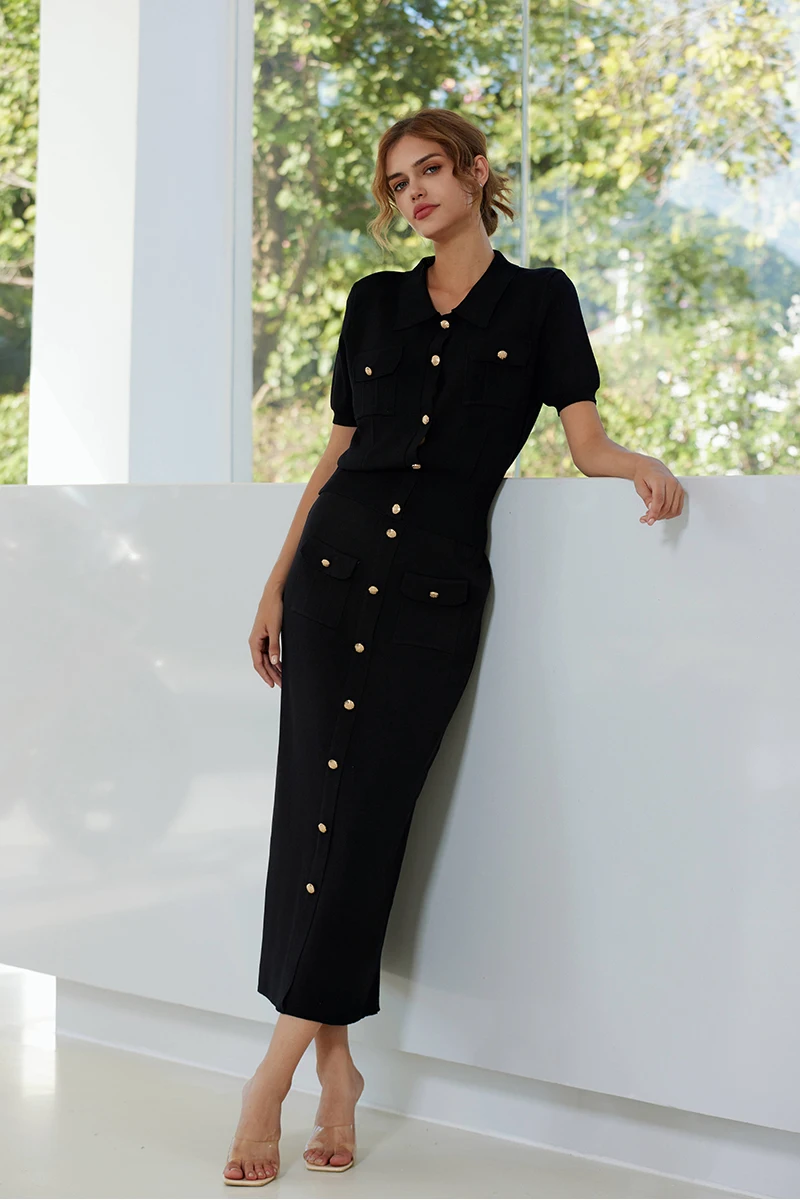 Elegant Knit Two Piece Skirt Set Women Short Sleeve Black Blazer Skirt 2 Piece Set Summer Knitted Two Piece Set For Women 2024