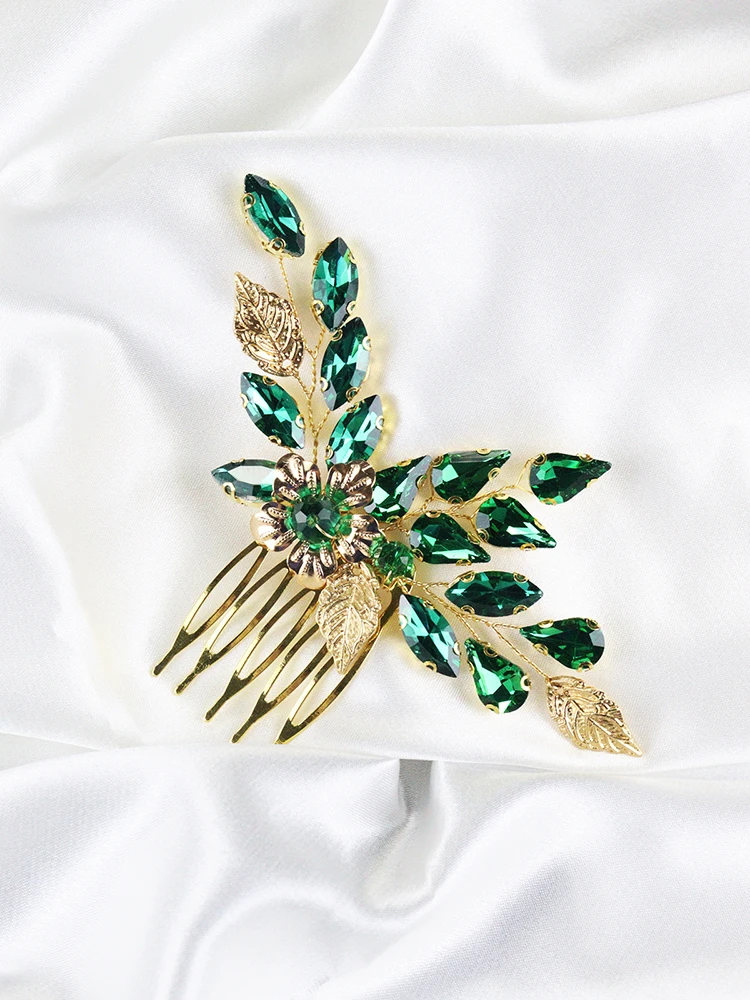 Green Rhinestone Hair Comb Vintage Leaves Bridal Hair Accessories