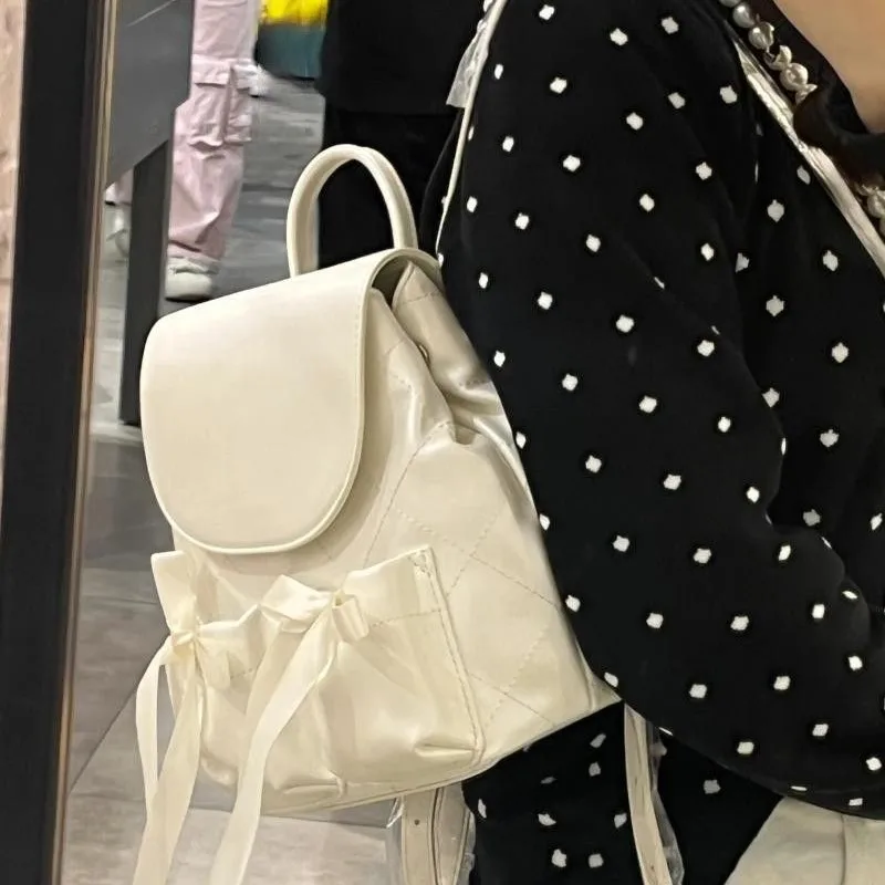 JIAERDI Sweet Cute Bow Backpack Women Ballet Style Ribbon Diamond Lattice Rucksack Ladies Elegant Gentle Casual Mochilas Mujer