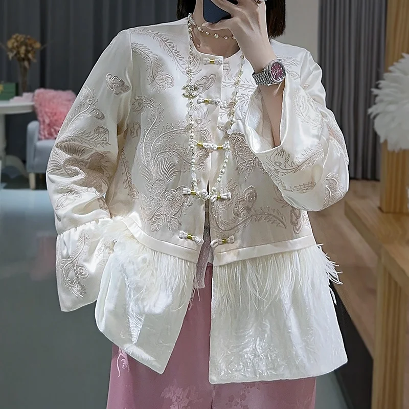 

High-end Satin Acetate Women Jacket Top Embroidery Tang Suit Elegant Lady Loose Coat Tassels Female S-XXL