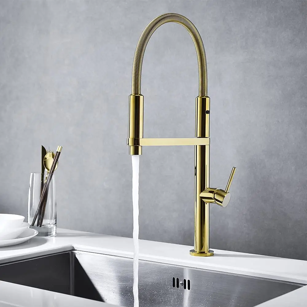 Luxury Gold Brass Kitchen Faucet with Pull Down Sprayer High Arc Dual-Mode Pull Out Kitchen mixer Tap cold hot one Handle Lever