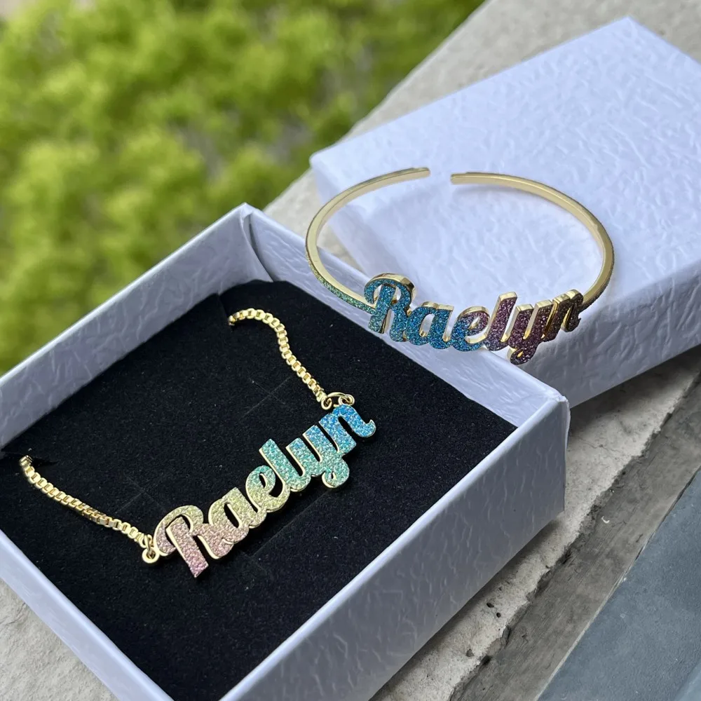 Duoying Custom Name Necklace Colorful Dainty Glitz Glam Nameplate Bangles Cuff Stainless Steel Gold Jewelry Set For Kids Sb4Dc46Df38F5496690150A6173306570N