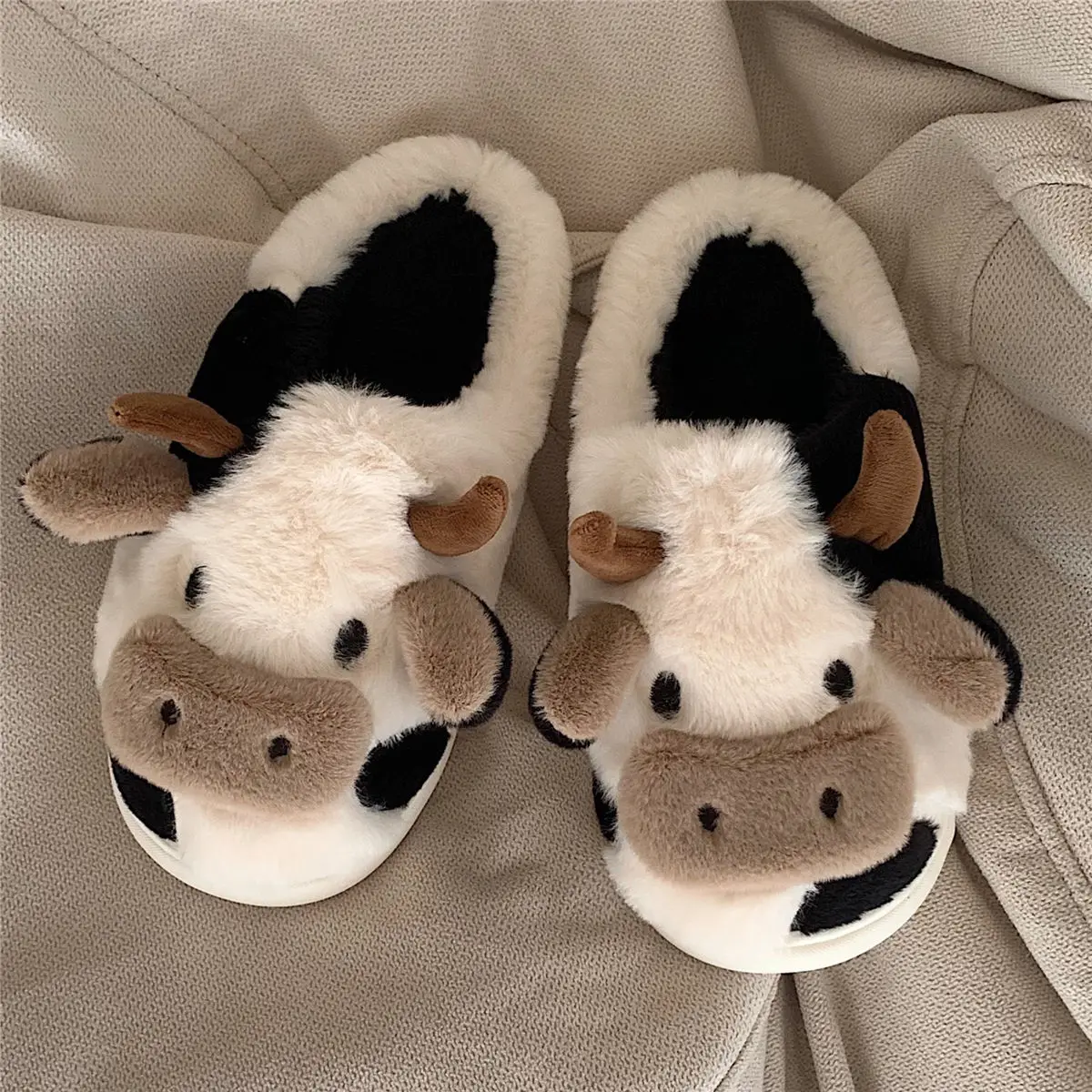 Lifun Cute Furry Slippers For Women Girls Winter Fashion Milk Cow Fluffy Cotton Shoes For Indoor Home Cartoon Animal Warm Slides