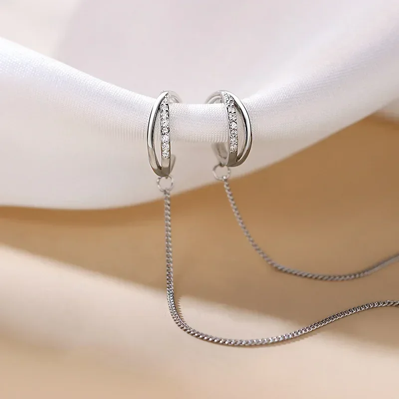 Silver Color Crystal Tassel Non-Piercing Cuff Ear Clip Earring for Women Shiny Rhinestone Chain Fake Cartilage Piercing Jewelry ear clip earrings clip earrings ear clip ear accessories