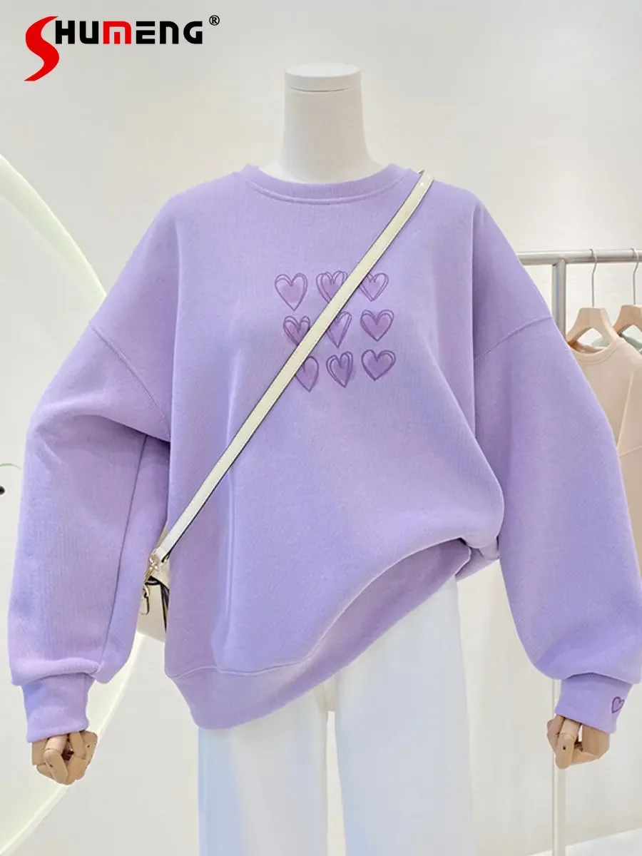 Sweet Heart Printing Crew Neck Sweatshirt Coat 2023 Spring New Women Clothes Fashion Loose Casual Long-Sleeve Purple Hoodies Top