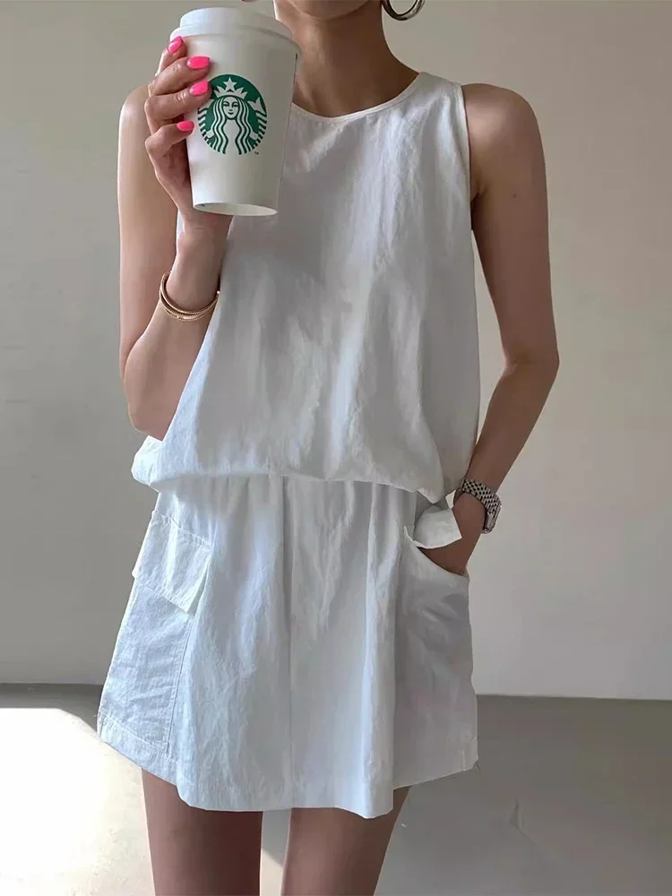 Casual Zippered Vest Shirt +Elastic Waist Pants Skirt Women Two-piece Set Korean Chic Women's Solid Color Set Short Skirt Summer