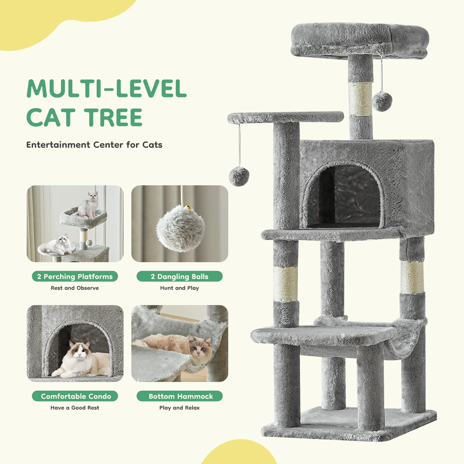 JHK 44in Tall Multi-Cat Climbing Cat Tree Tower for Pet Furniture Natural Sisal Scratching Posts Stable Pet House for Indoor Cat 5